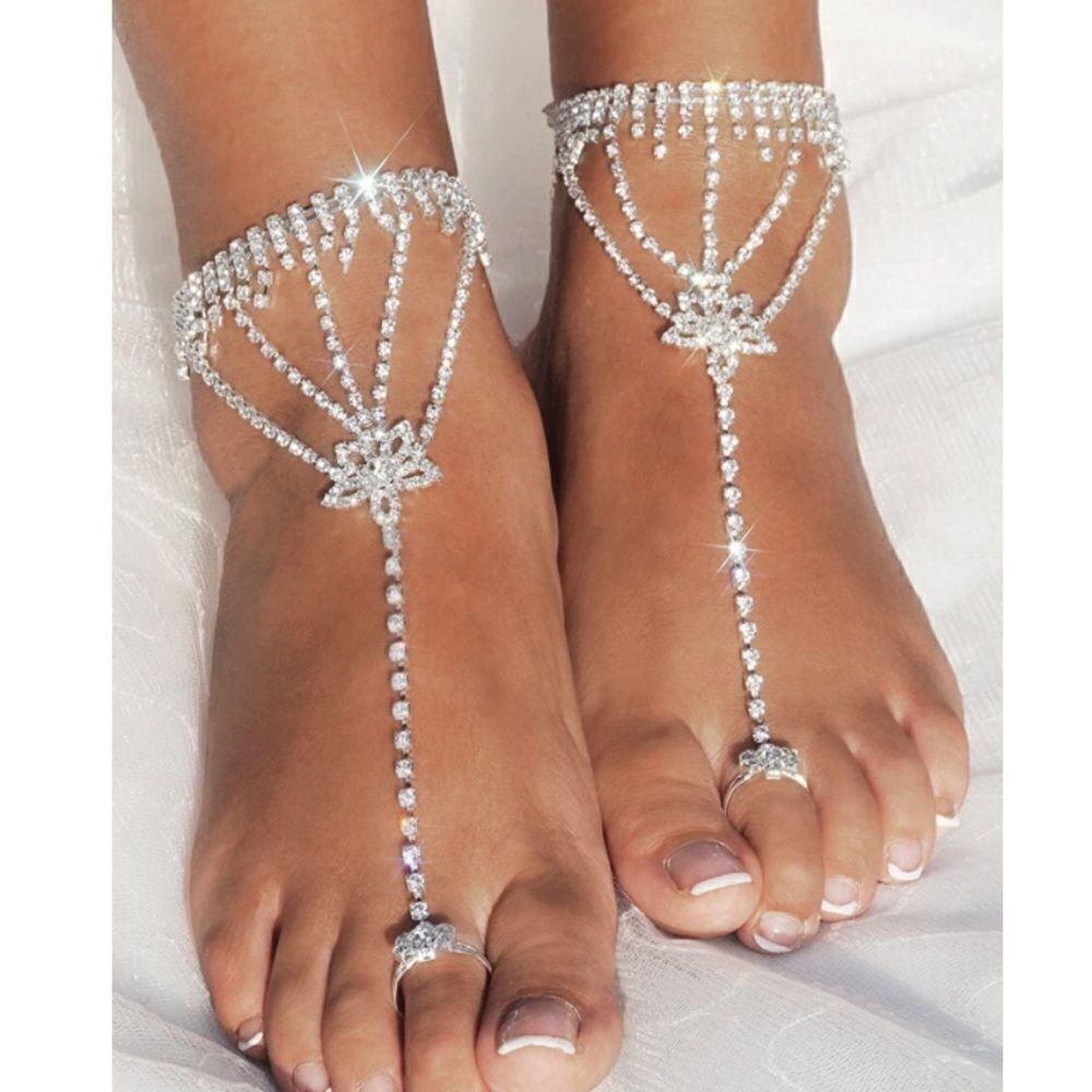 Silver & Diamond Austrian Crystal Art Deco Style Anklet Foot Chains - Set of 2